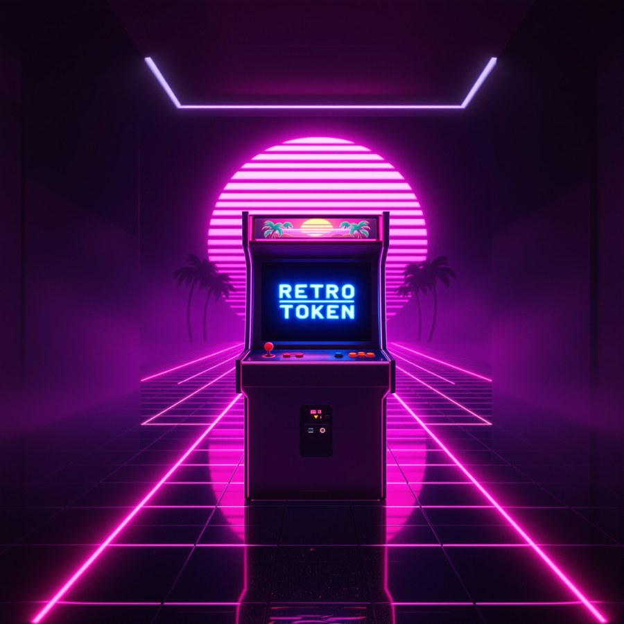 A glowing 1980s arcade cabinet in a neon-lit hallway, RETRO TOKEN on the screen.