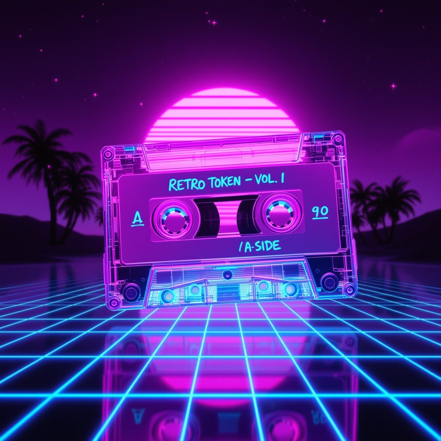 A translucent pink 1980s cassette tape labeled RETRO TOKEN VOL. 1 A-SIDE, floating in purple space.