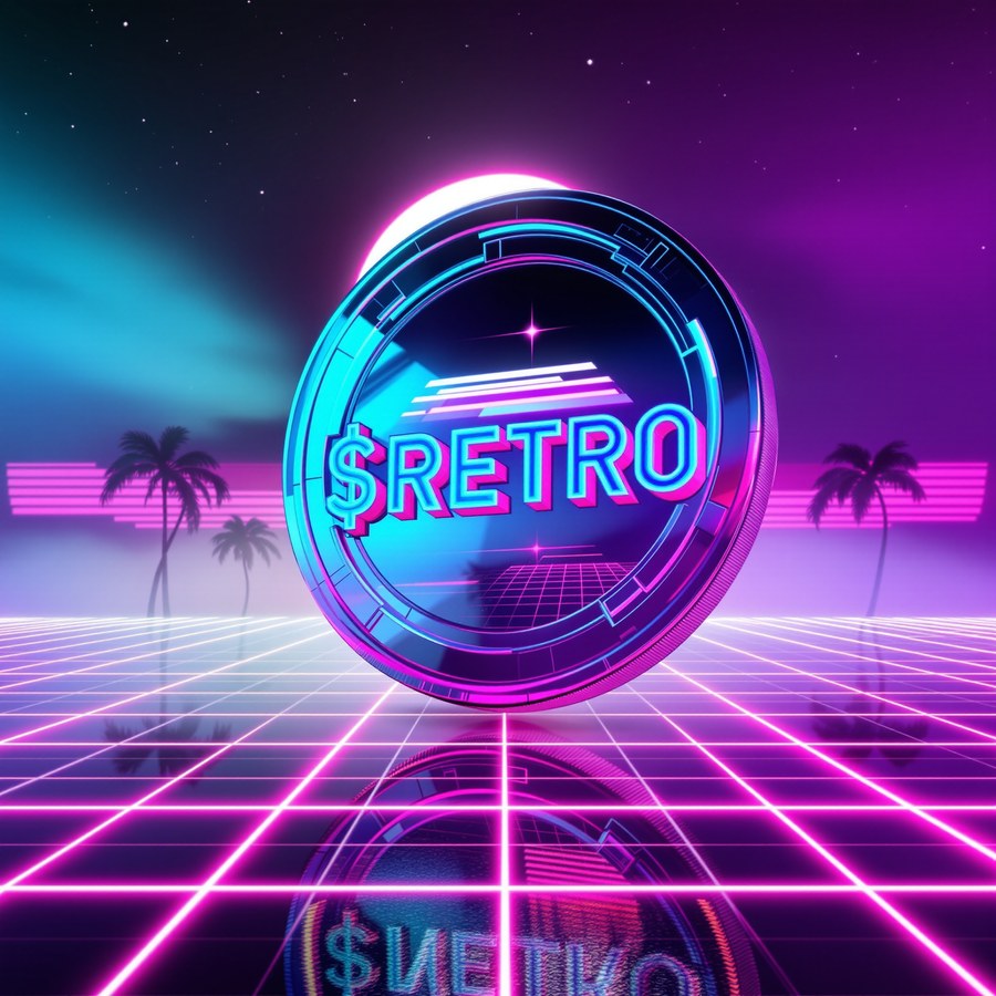 A chrome 3D coin floating above a neon grid, RETRO engraved in retro-futuristic chrome typography.